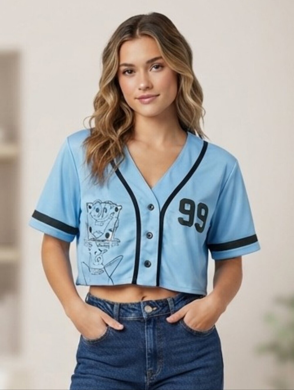 Nickelodeon SpongeBob SquarePants Cropped Button Front V-Neck Jersey crop Top M